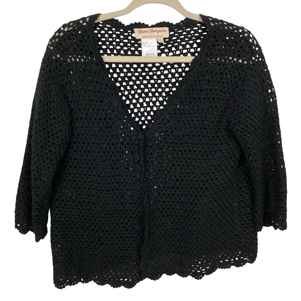 VTG 90s Black Crochet Linen Blend Cardigan Womens L Open Knit Whimsigoth Boho